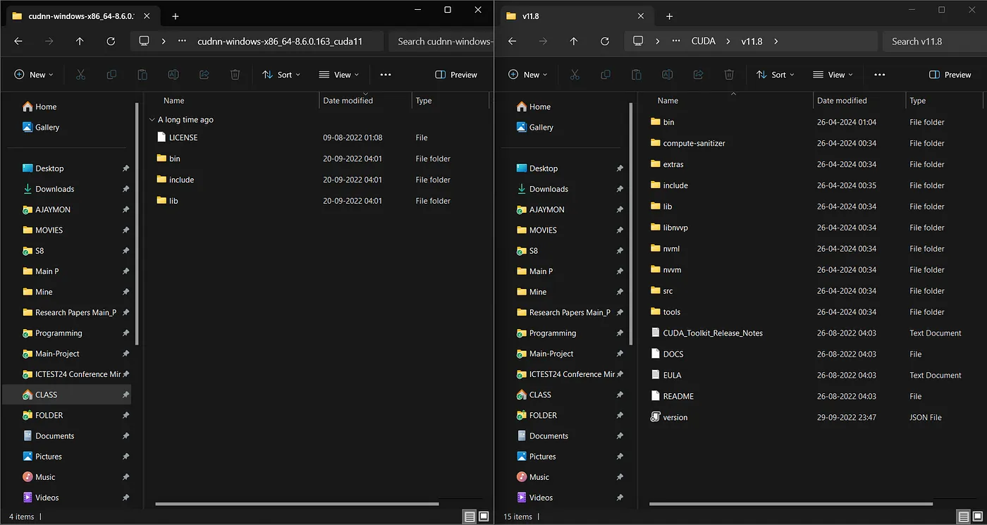 Opening CUDA and cuDNN folders side by side